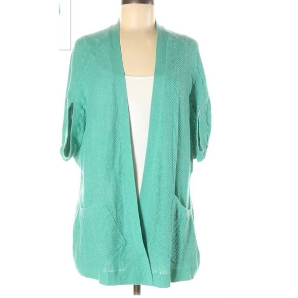 Angel of the North Anthro Teal Open Knit Sweater Preppy Cardigan Pockets Medium - Picture 2 of 5